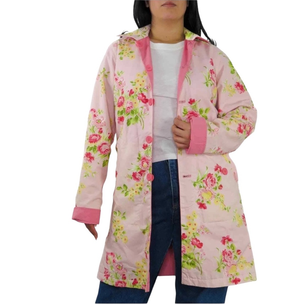 Vintage Pink Floral Reversible Button Flap Pockets Collared Jacket Coat Size XL - Picture 3 of 16